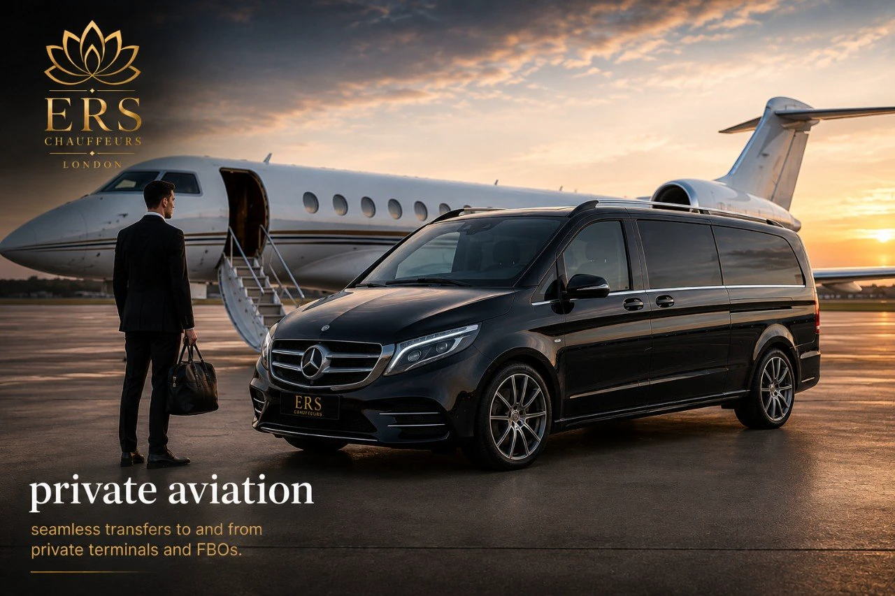 ERS Chauffeurs Mercedes V-Class beside a private jet at sunset