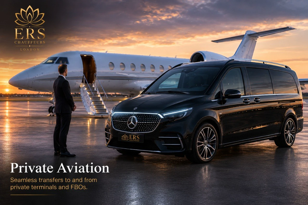 Private aviation chauffeur waiting beside an ERS Mercedes V-Class